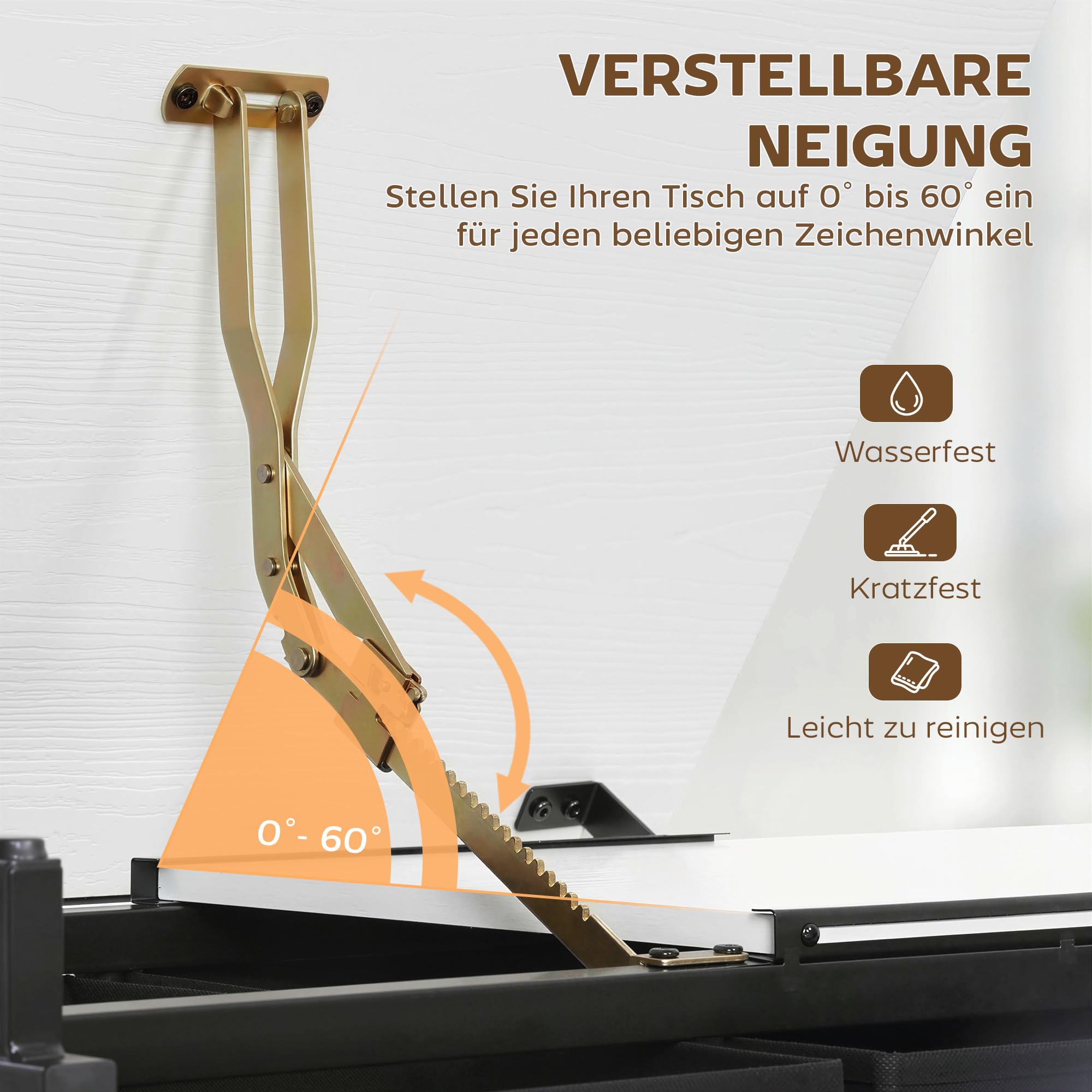 HOMCOM Zeichentisch mit Hocker Architektentisch höhenverstellbarer Arbeitstisch mit neigbarer Tischplatte und 2 Schubladen Schreibtisch Schülerschreibtisch für Architekt & Künstler, Weiß