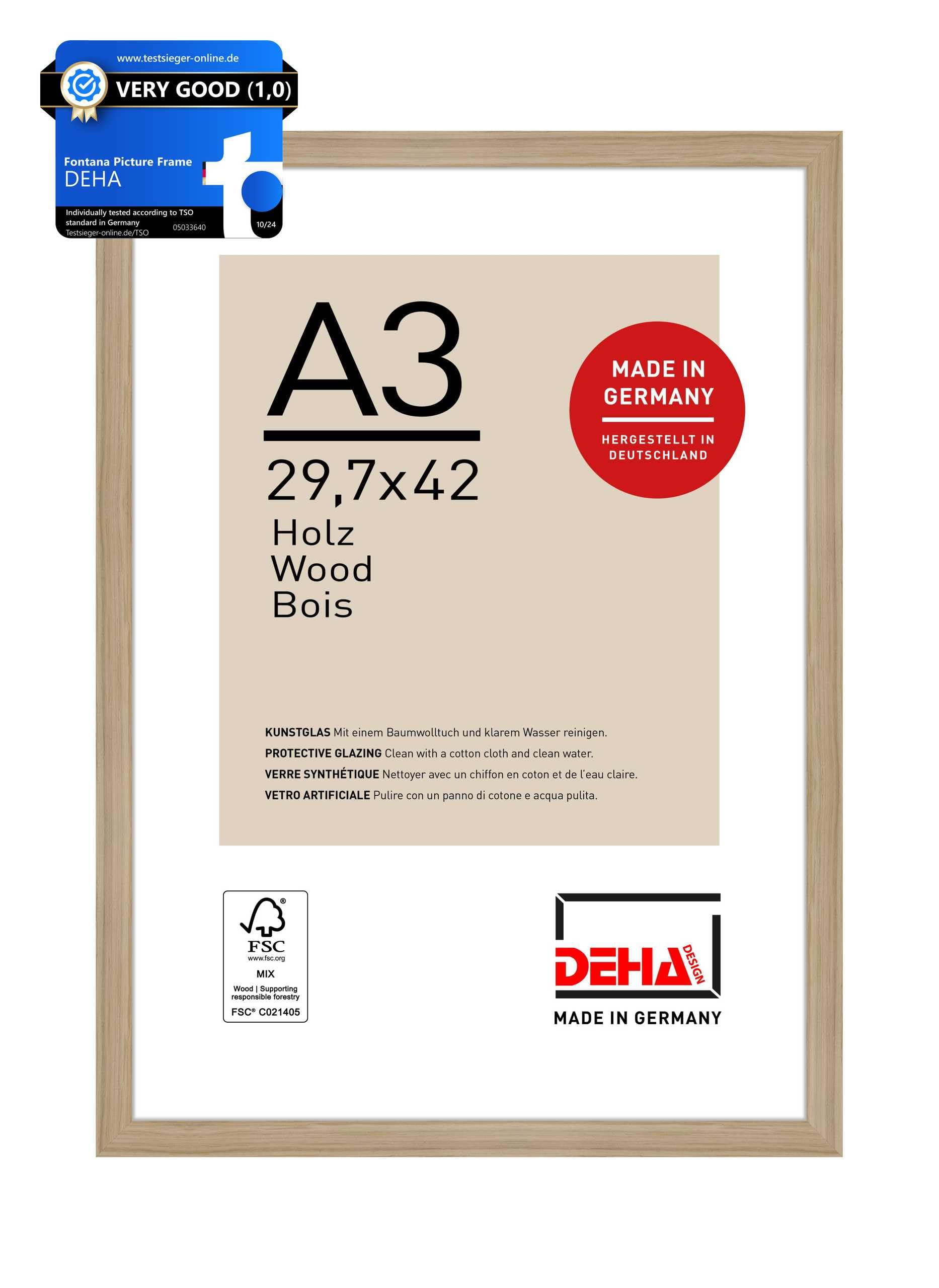 Deha Design Oak Fontana Wooden Picture Frame - A3 (29.7X42 Cm) – - With Synthetic Glass And Push/Turn Clips