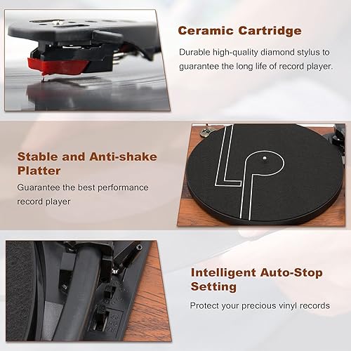 Vista 27 de Tocadiscos de vinilo con altavoces integrados y reproducción USB y grabación, tocadiscos de fonógrafo vintage de 3 velocidades para entretenimiento