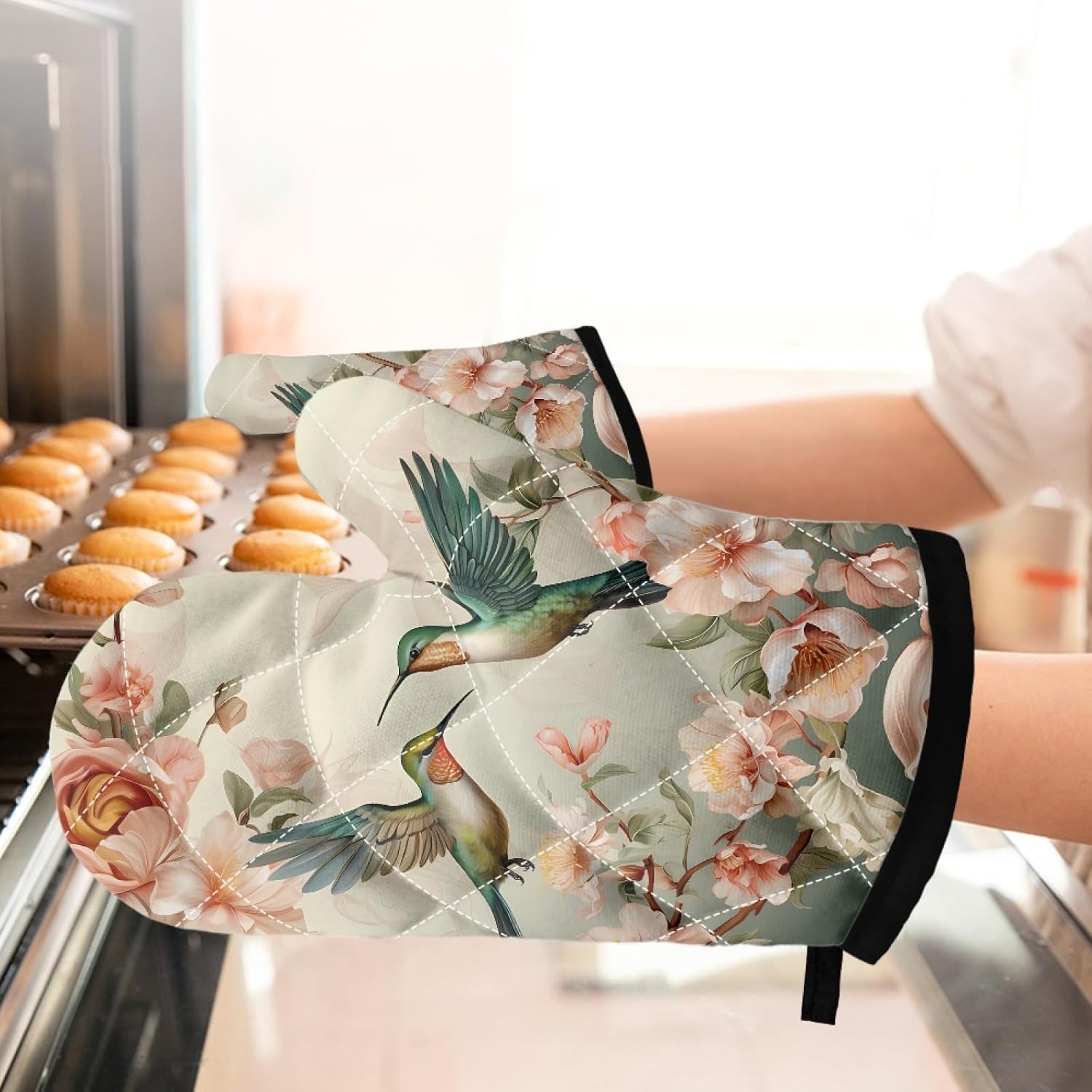 UNICEU Hummingbird Oven Mitts and Pot Holders Set of 4, Vintage Floral Hummingbird Non Slip Kitchen Glove Heat Resistant Hot Pads for Baking Cooking Grilling