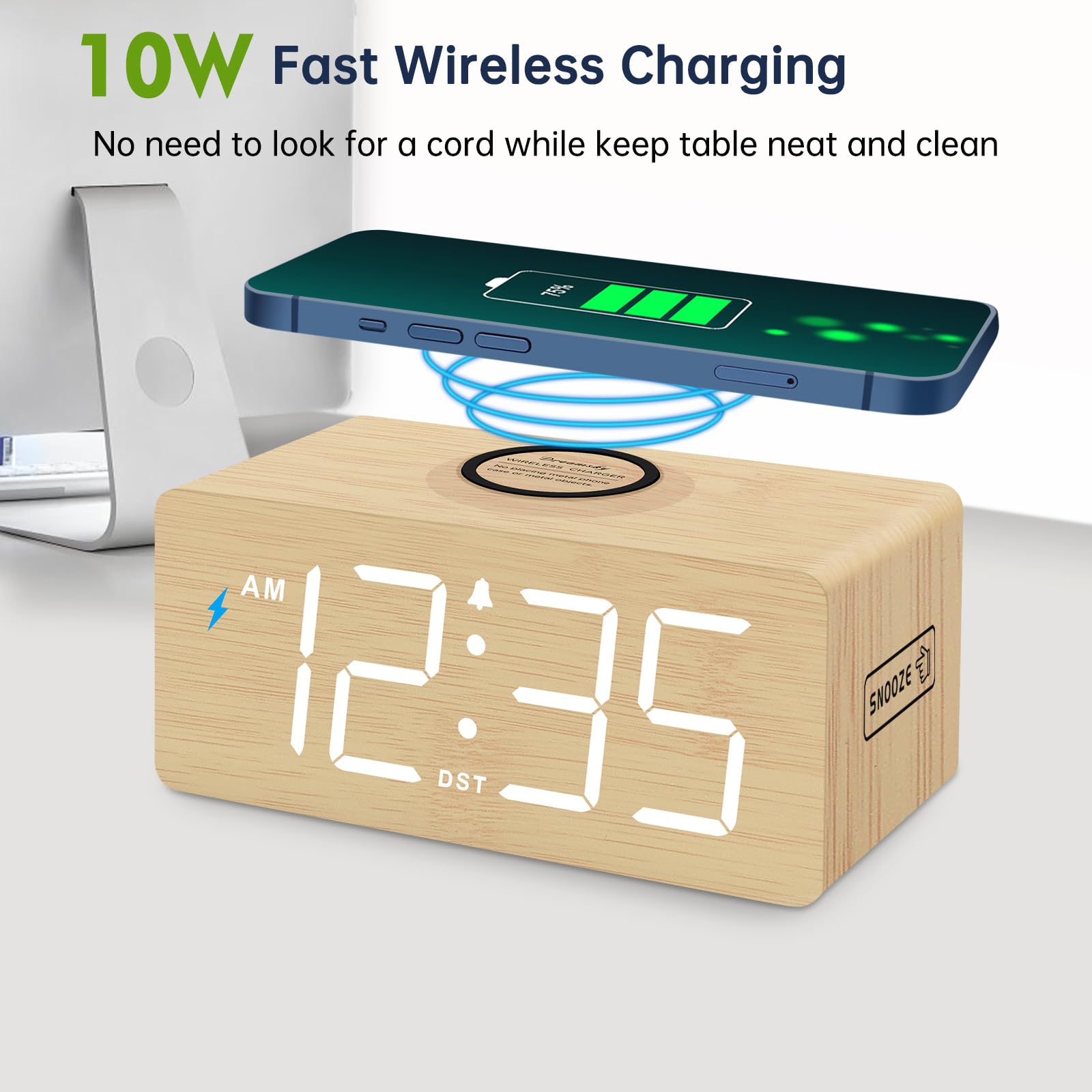 DreamSky Reloj despertador digital de madera con carga inalámbrica para dormitorio | Reloj de mesita de noche con estación de carga, puerto USB, números grandes, volumen ajustable, regulador de brillo, DST