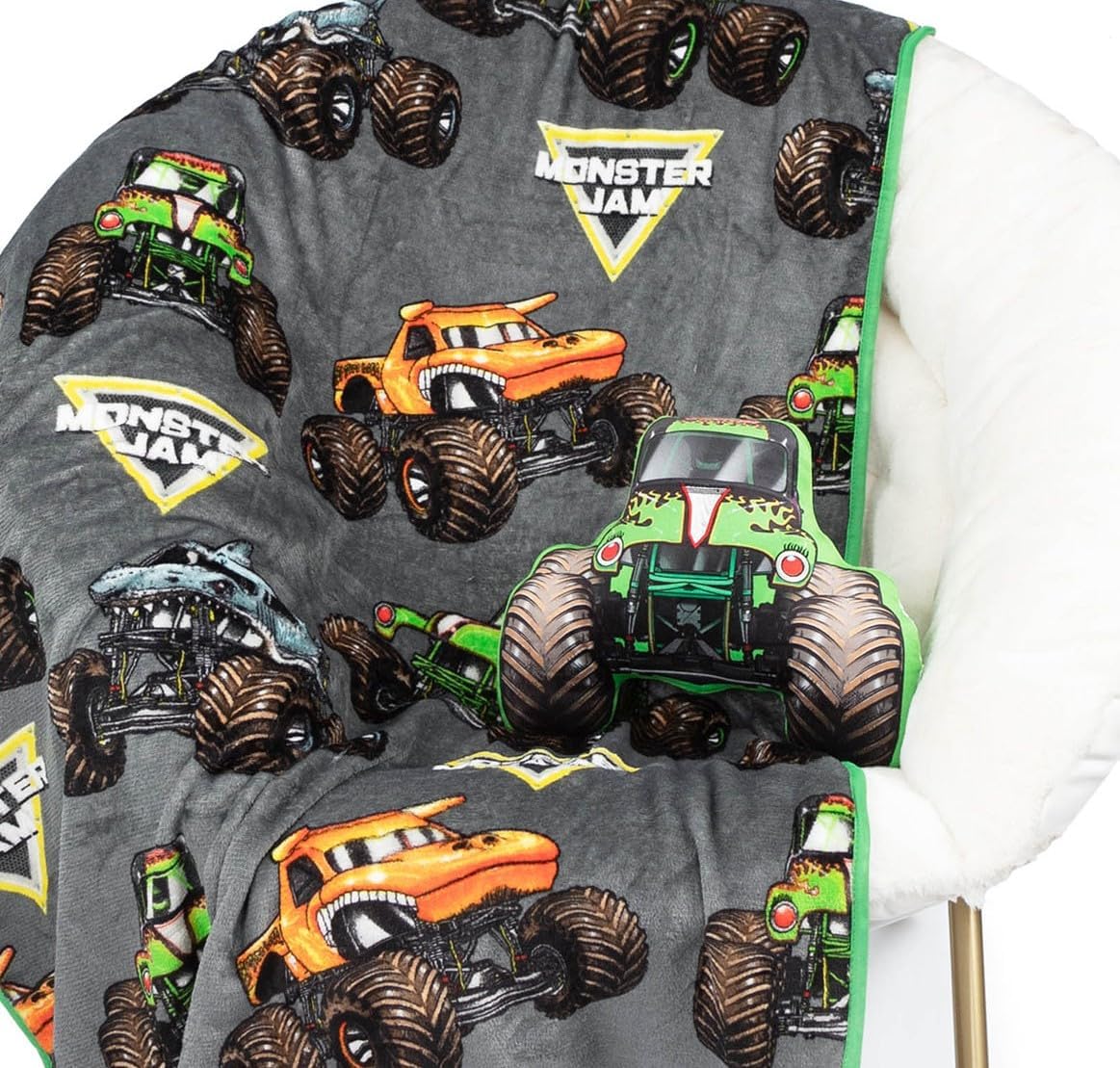 Jay Franco Monster Jam Grave Digger Nogginz Set – 40 x 50 Inch Lightweight Travel Throw Blanket & Pillow – Kids Super Soft 2 Piece Bedding Set