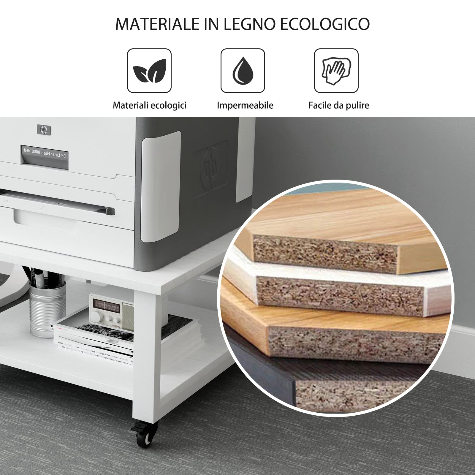 PUNCIA Supporto per Stampante a 2 Livelli Mobili per Stampanti Tavolo Scorrevole per Impieghi Gravosi Carrello Mobile Sotto il Tavolo con Rotelle Ripiano di Stoccaggio per Ufficio e Casa (Bianco)