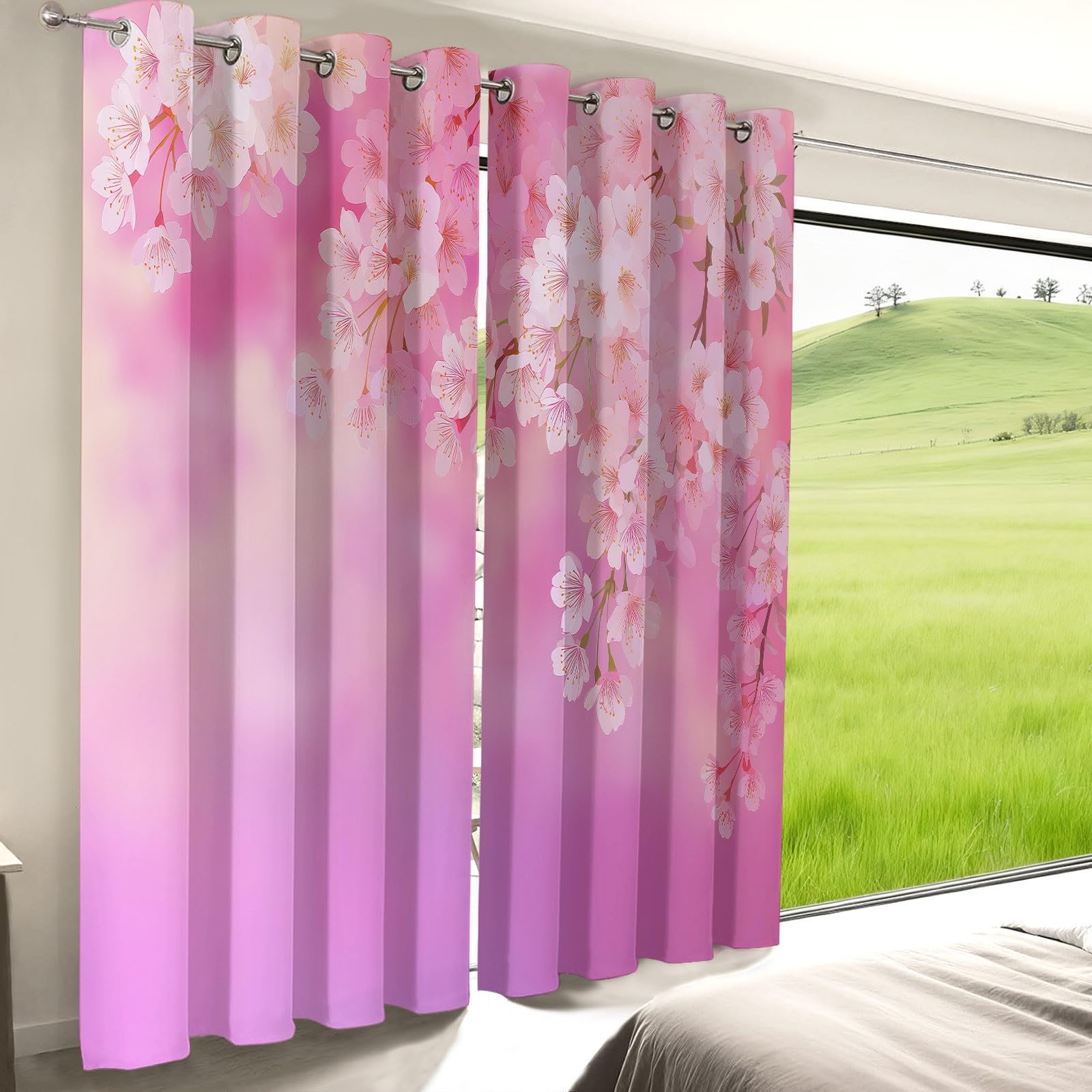 Verdunkelungsvorhänge H160 x B70 cm 2 Paneele, Geräuschreduzierung & Wärmeisolierung Feine Frühlingshafte Elegante Kirschblüten Vorhänge Blickdicht für Schlafzimmer Wohnzimmer Kinderzimmer, Rosa