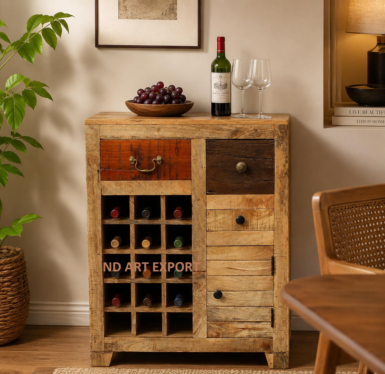 ND Art Export Wooden Sideboard with Wine Bottle Rack and 3 Drawer & 1 Door, Storage Cabinet for Living Room and Dining Room Furniture Manufacturer, Cafe, Hotel, Restaurant & Home Use-image-40