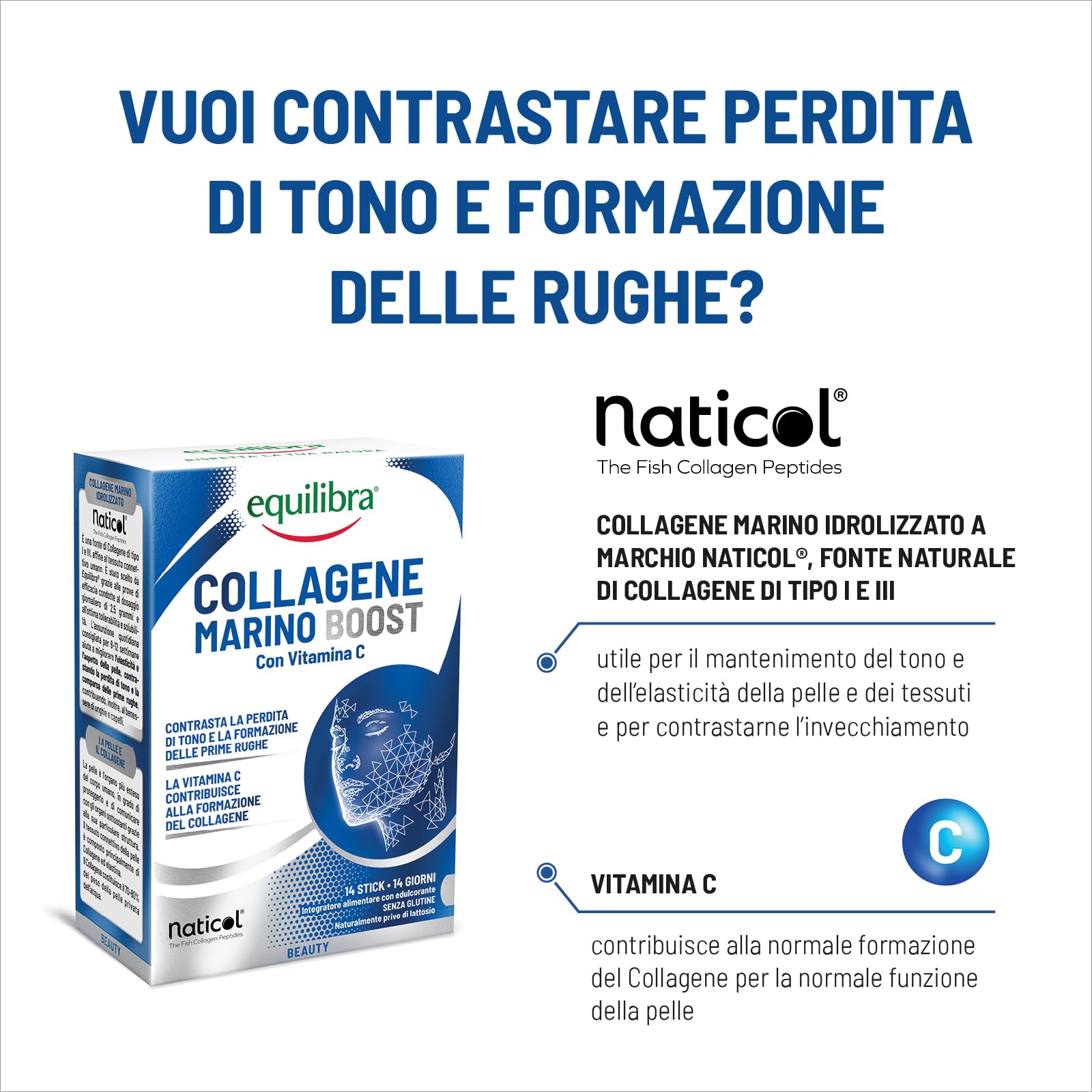 Equilibra, Collagene Marino Boost Idrolizzato Naticol®, 14 Stick Monodose, 2500 mg Collagene per Dose, 80 mg Vitamina C per Dose, Collagene Tipo I e III, Mantenimento del Tono, Elasticità della Pelle