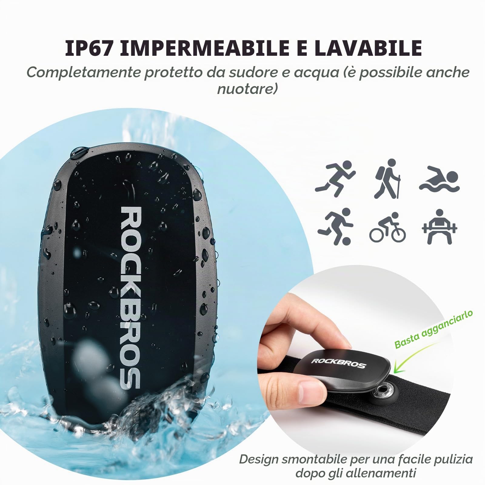 ROCKBROS Fascia Cardio Bluetooth e ANT+, Cardiofrequenzimetro da Braccio con Fascia Sensore di Frequenza Cardiaca in Tempo Reale, Impermeabile IP67, Compatibile con Strava Zwift Wahoo Garmin
