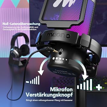 MAONO PC için USB Mikrofon, Sessiz Düğmeli RGB Oyun Mikrofonu, Gürültü Önleyici Kondenser Mikrofon, Akış, Podcast, Kayıt, Sohbet için Kazanç Topuzlu PS5/PS4/Mac, DGM20 ile Uyumlu