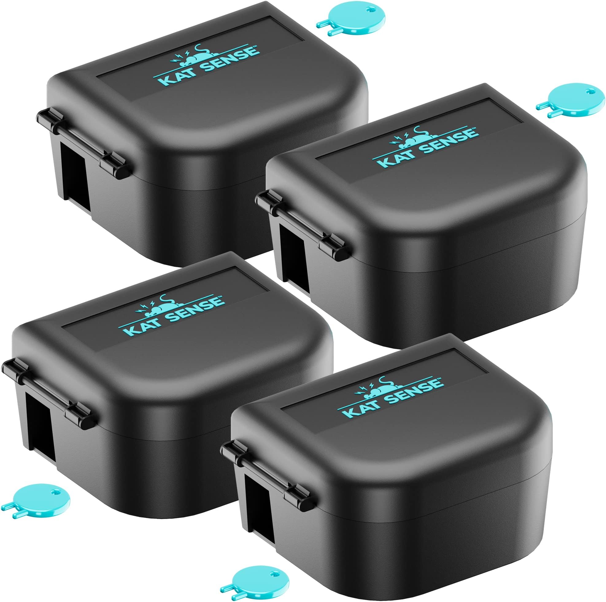 Kat Sense Mouse Bait Station, Rodent Box to Secure Mice Poison, Mouse Traps Outdoor, Tamper Proof Mousetraps No See, Opens Easily with Key & Entices Mice to Enter, Set of 4