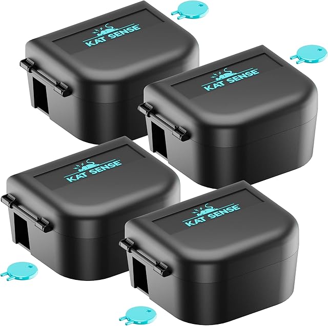 Kat Sense Mouse Bait Station, Rodent Box to Secure Mice Poison, Mouse Traps Outdoor, Tamper Proof Mousetraps No See Kill, New Better Design Opens Easily with Key & Entices Mice to Enter, Set of 4