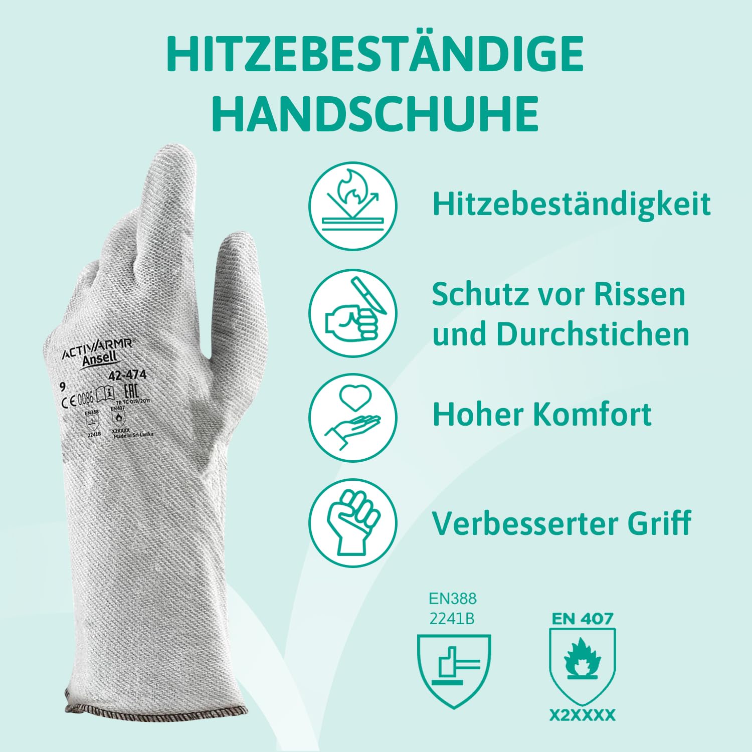 Ansell ActivArmr 42-474, Hitzeschutz Handschuh, Industrielle hitzebeständige Handschuhe, Arbeitshandschuhe mit Filz -Futter und Stulpen, Professionelle Schutz-Handschuhe, 12 Paar, Gr. L