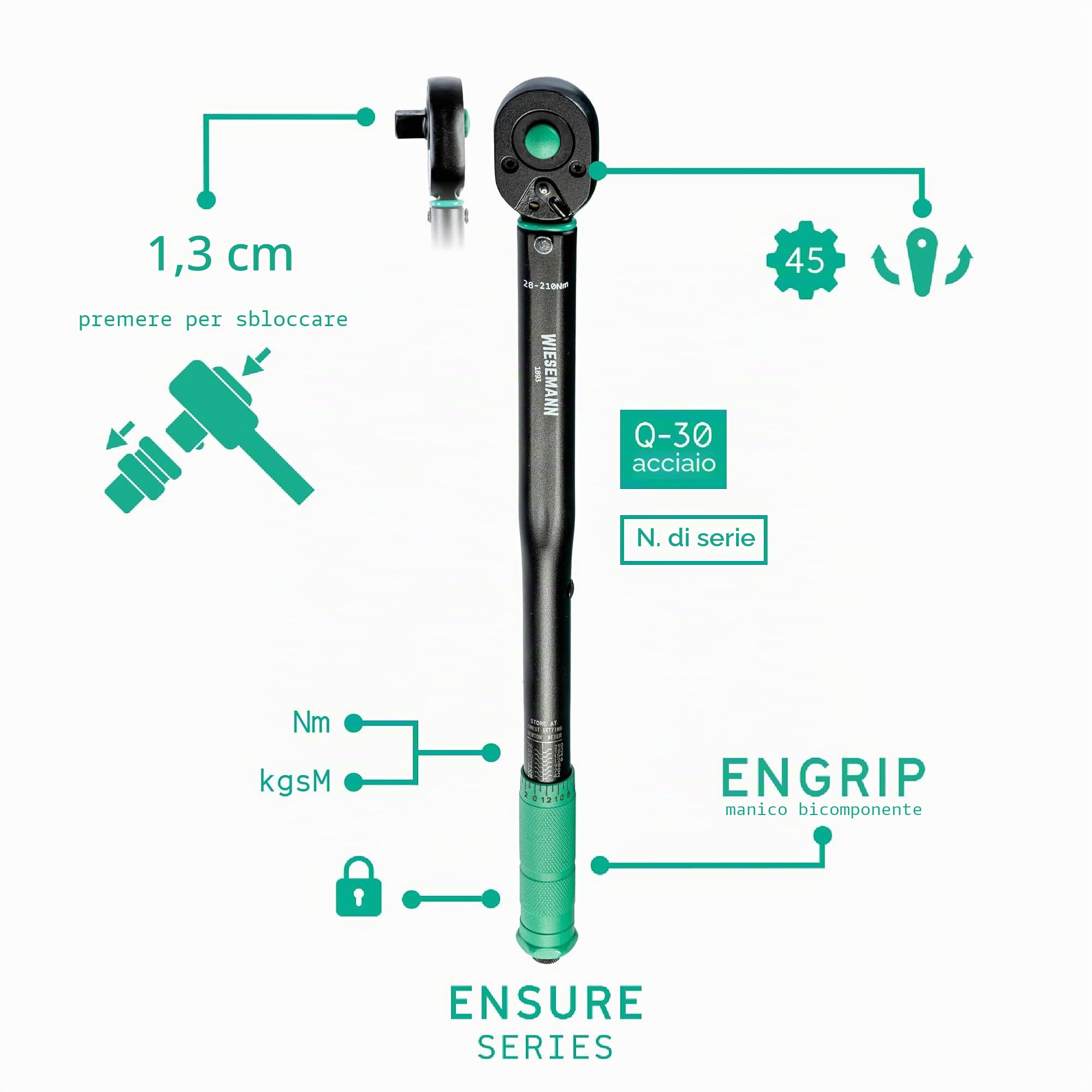 WIESEMANN 1893 Set chiave dinamometrica con prolunga e bussole da 17, 19, 21 mm chiave a scatto con attacco a destra con doppia scala | lega acciaio CV cromato | 80386