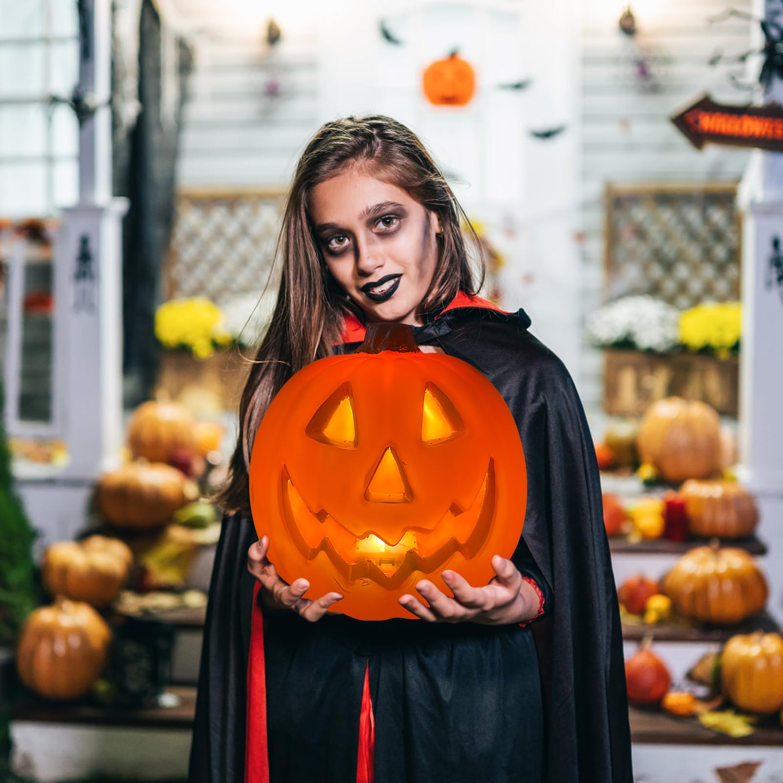 GOEDCH Decorazioni Zucca Led Per Autunno - 3 Pezzi, Luci Calde, Idee Per Halloween E Ringraziamento, Resina