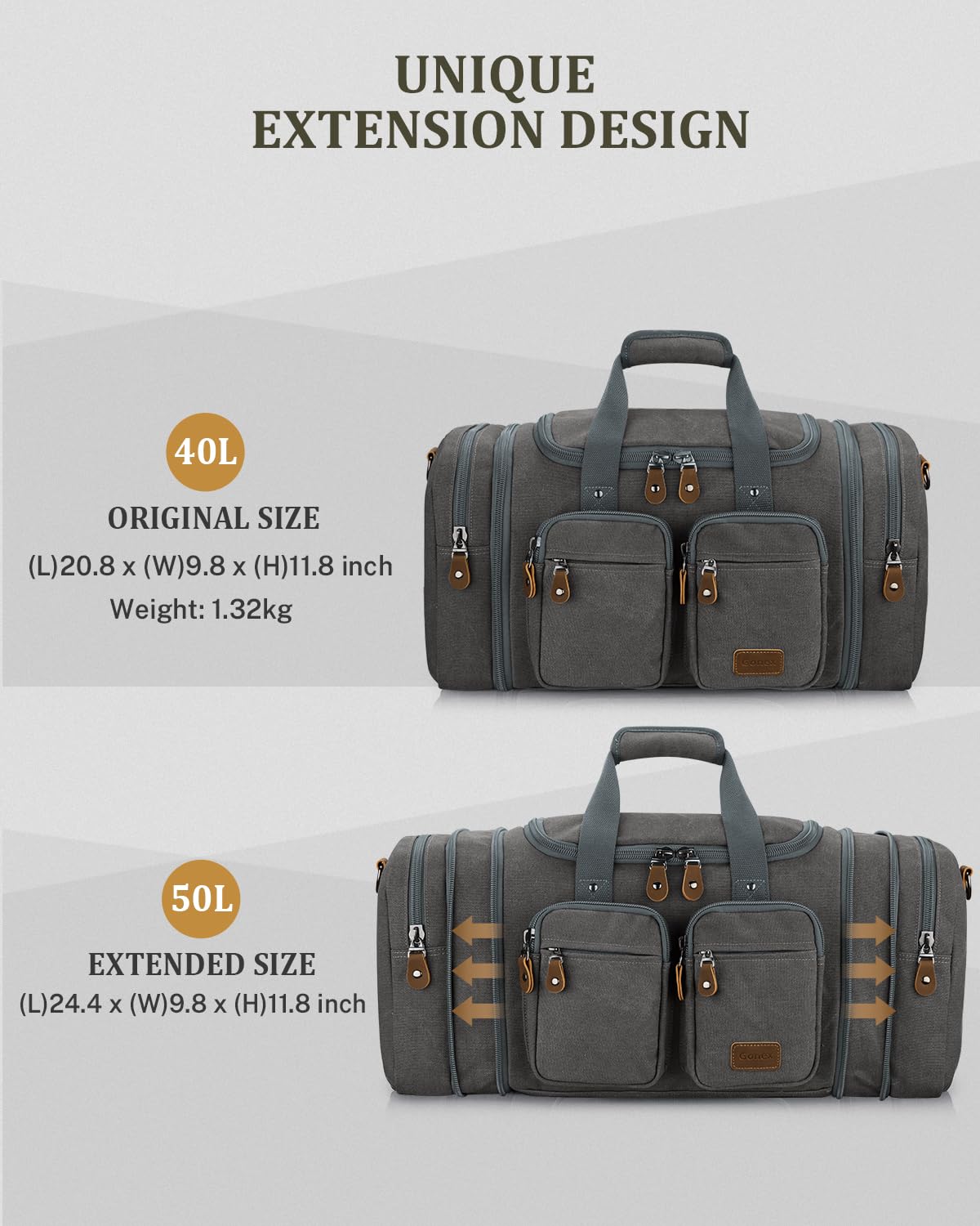 Gonex Borsone da viaggio in tela, espandibile e resistente all'acqua, 50 l, borsone da portare con sé durante la notte, weekender, borsa da palestra con tasca separata e manico per valigia, Grigio,