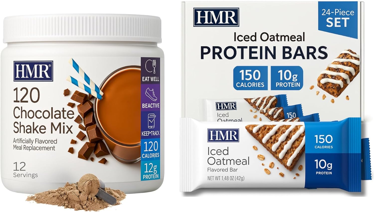 HMR 120 Chocolate Shake Meal Replacement Powder (12 Servings) With Iced Oatmeal Protein Bar (24 Count)