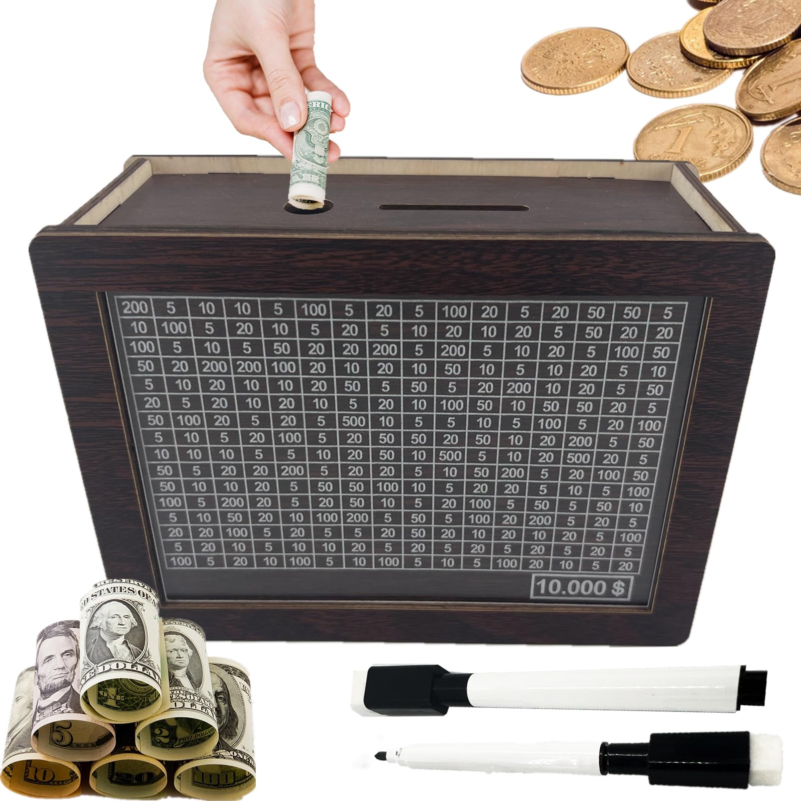 Cash Vault Save Box Money,Official Finance Bank Home Swift Cash Saving Save Wooden Adult Money Savings Budget Box, with Numbers Cashbox Saving Save 10000 Money Box,A Money Challenge Saver