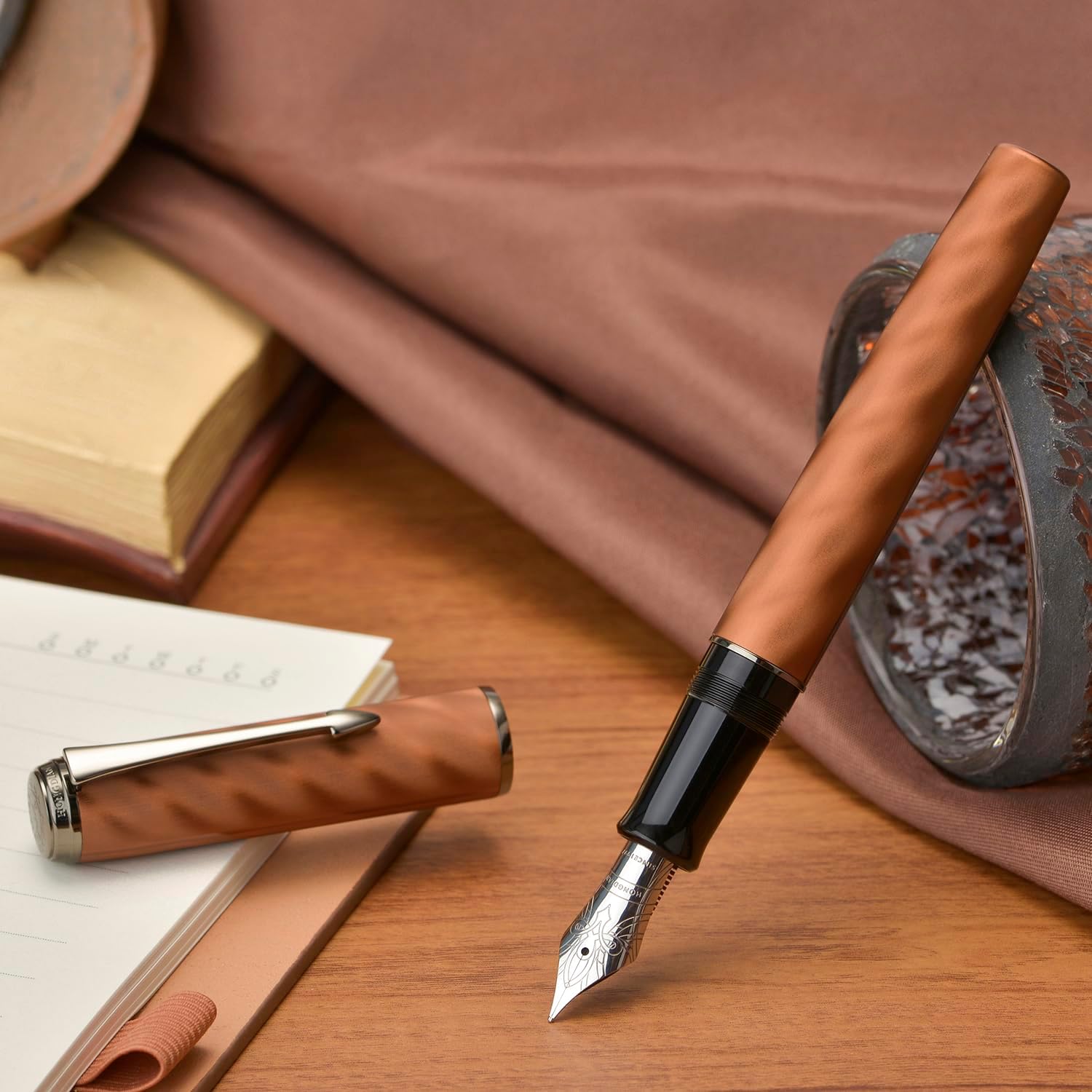 Hongdian A9 Fountain Pen Large #8 Fine Nib Ebonite Feed, Brown Moire Pattern Unique Design with Converter and Metal Case Set