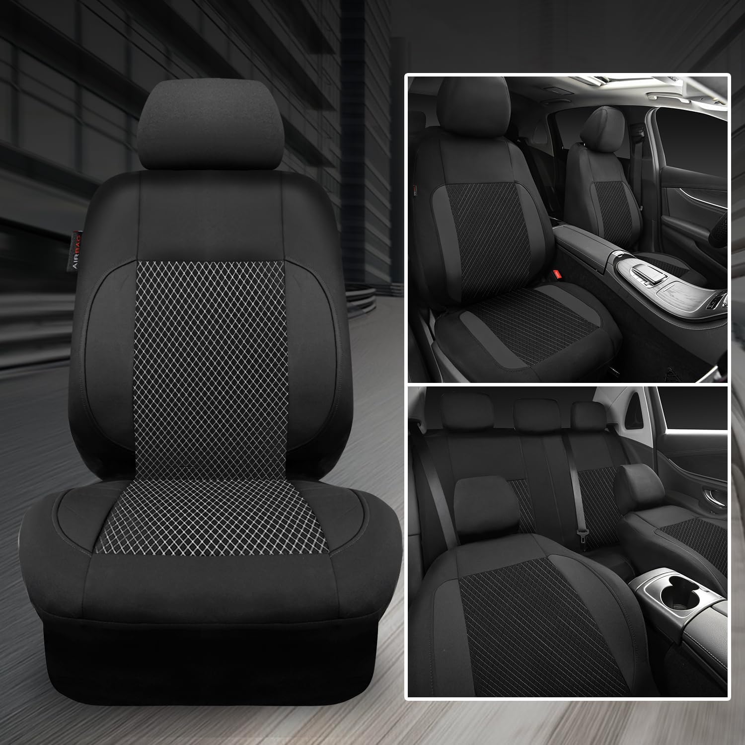CAR-GRAND 3D Embossed Waterproof Seat Covers for Car, EVA Neoprene Car Seat Cover Full Set,Universal Automotive SUV Sedan Truck, Airbag Compatible,3 Zipper Rear Armrest (Black)