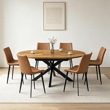 7-Piece Extendable Round Dining Table with Chairs Set for 6, 43"-59" Kitchen Dining Table Set with Heavy Duty Leg for Dining Living Room ApartmentOak Table + 6 Brown Chairs