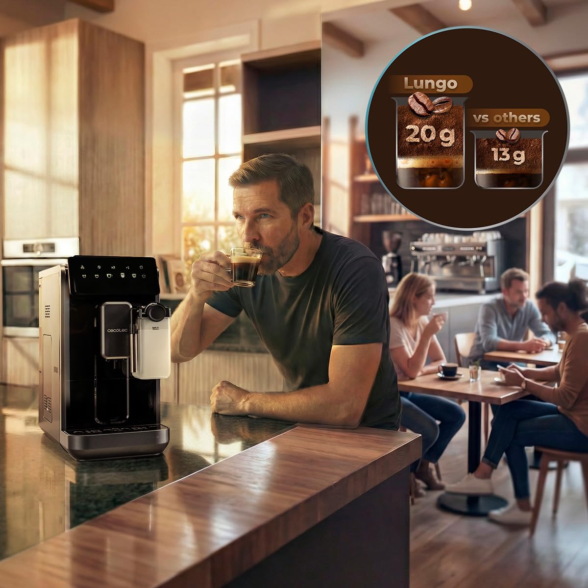 Cecotec Superautomatyczny ekspres do kawy Cremmaet Long Milk. 19 Bar, Thermoblock, 7 napojów, parownik, 5 poziomów mielenia, zbiornik na wodę 2 l, 240 ml mleko i 280 g kawa, odkamienianie