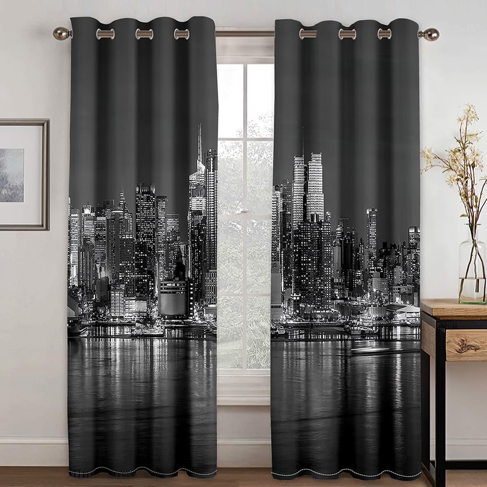 Rideau de Fenetre Interieur Salle de Bain, Rideau Boheme Exterieur Gris Foncé Paysage de Construction de La Ville Côtière Polyester Lot de 2 468x214cm