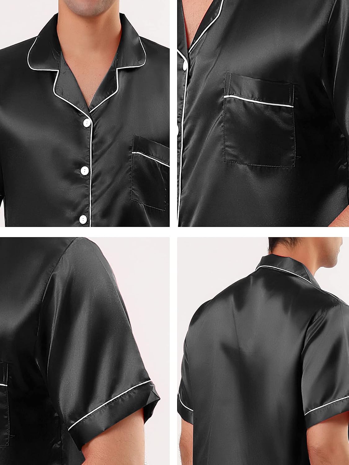 Men's Classic Satin Pajama Sets Short Sleeves Button Down Nightwear Sleepwears Loungewear
