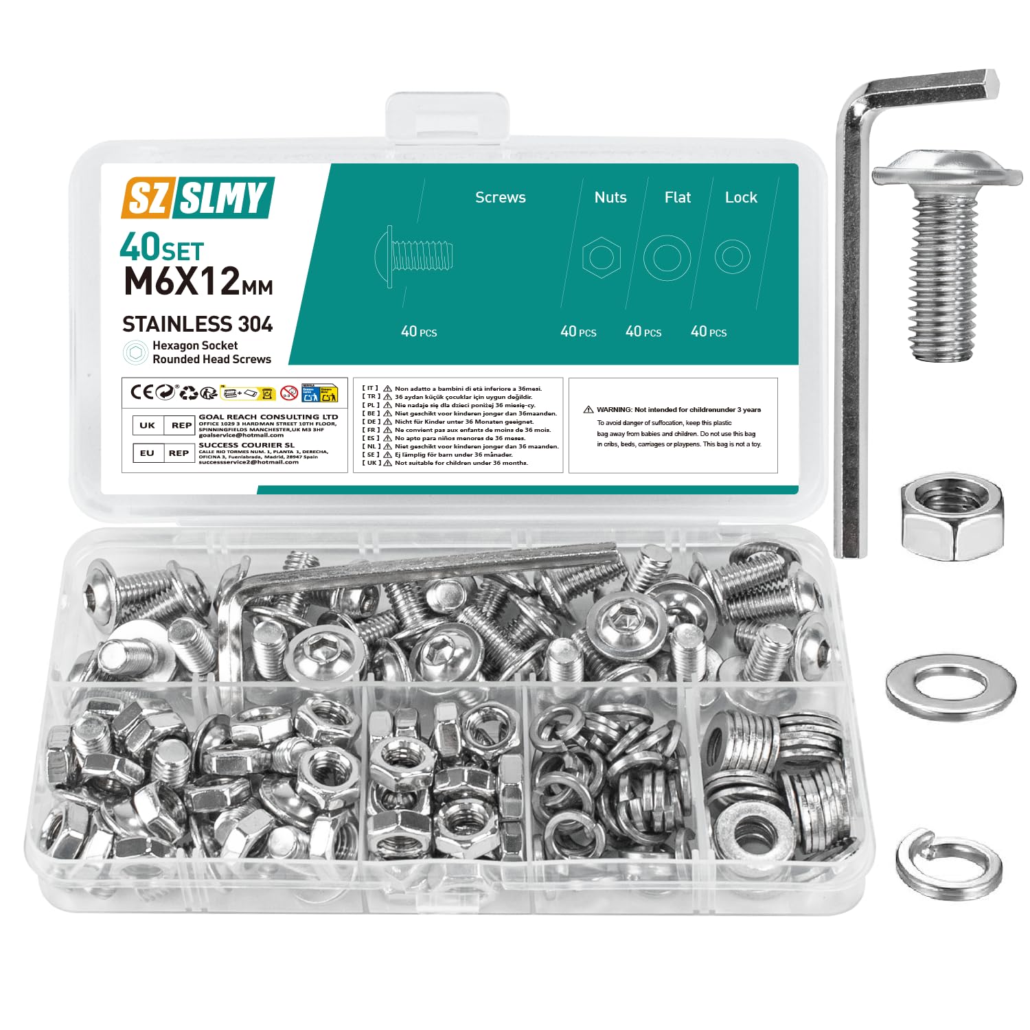40 Set M6 Bolts Set, M6 x 12mm Flanged Button Head Screws, and Nuts Set, 304 Stainless Steel Allen Socket Bolts and Nuts Set, with 1 Hex Spanner Wrench