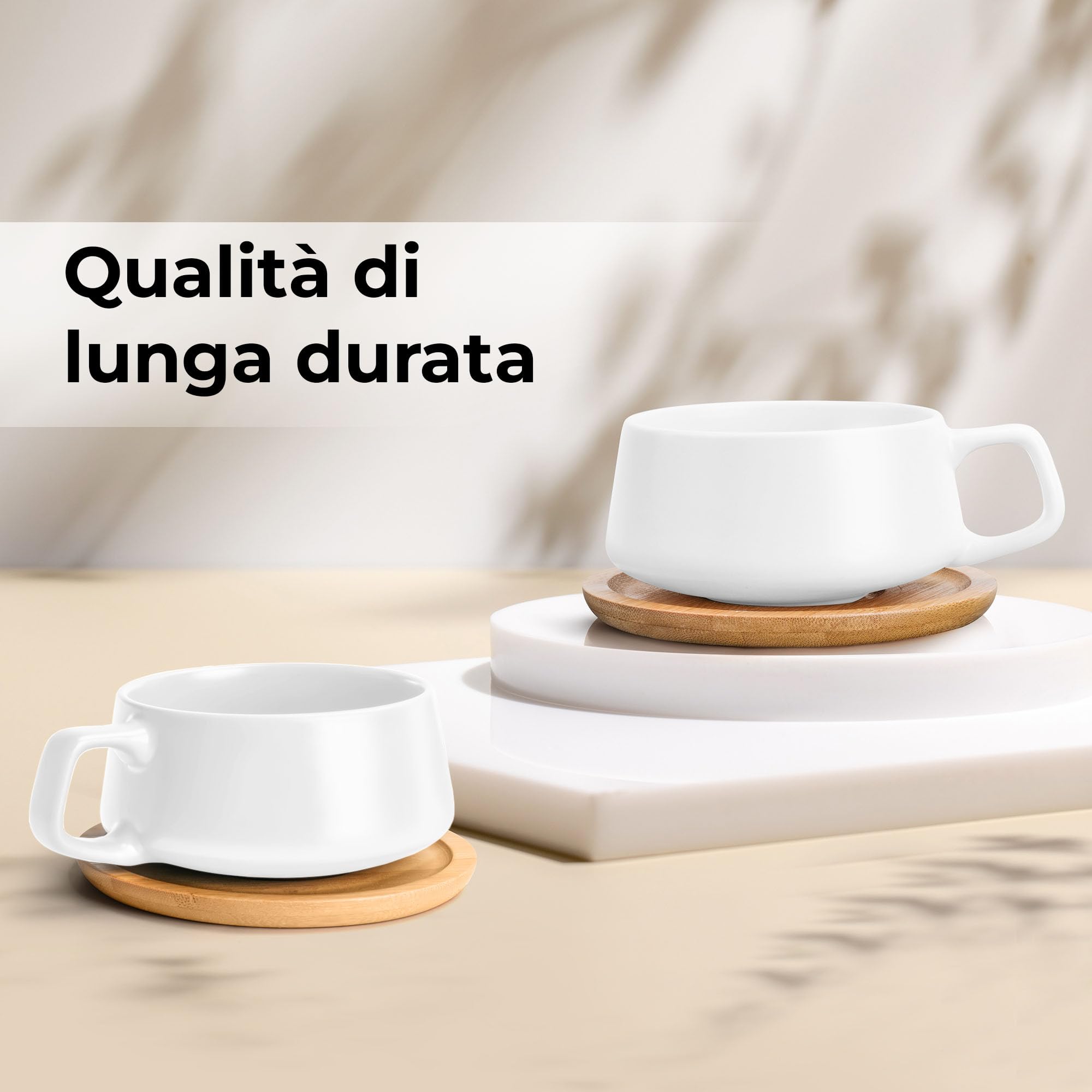 MIAMIO - 4 tazze da caffè da 320 ml/set di tazze e piattini/eleganti e moderne tazze da caffè in gres - set di 4 pezzi della collezione Luxe (Bianco)