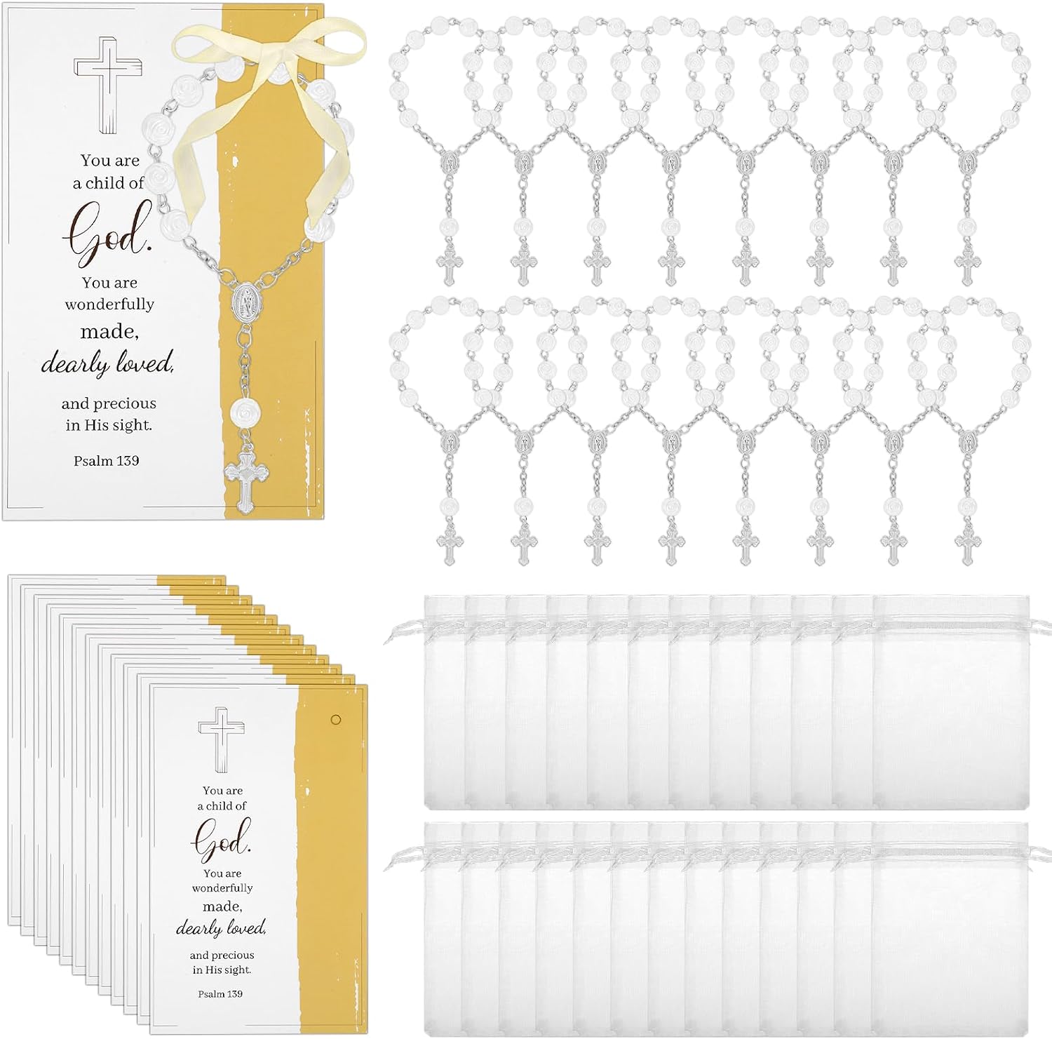 30 Sets Baptism Favors for Guests, Baby Shower Fvours for Adults, Acrylic Catholic Rosaries Bulk with Cross Psalm Cards & Organza Bags, Gold Religious Gifts for Weddings Celebration Supplies（Gold）