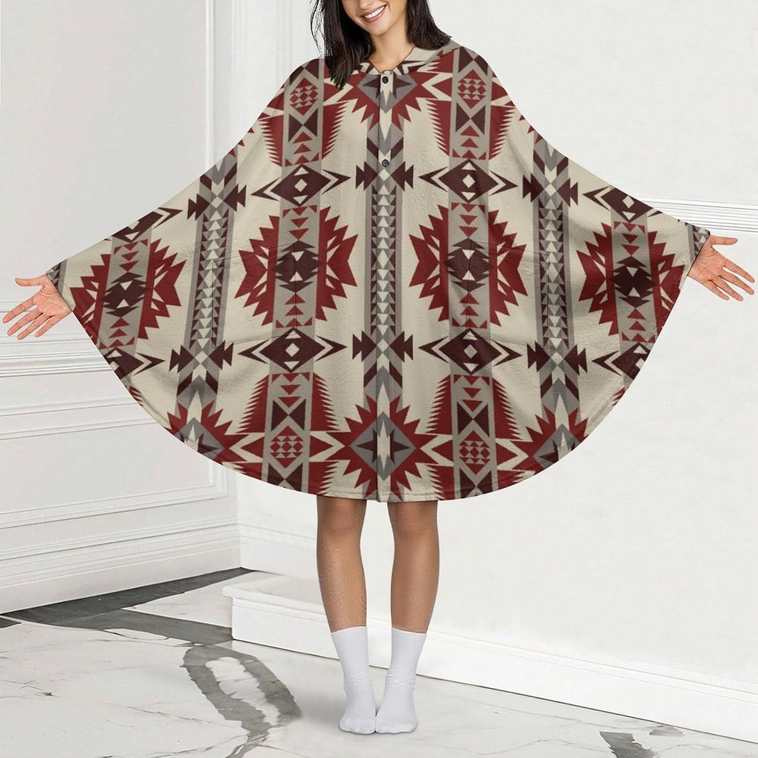 Native Southwest American Indian Wearable Blanket with Hooded Flannel Blankets Cape with Pocket