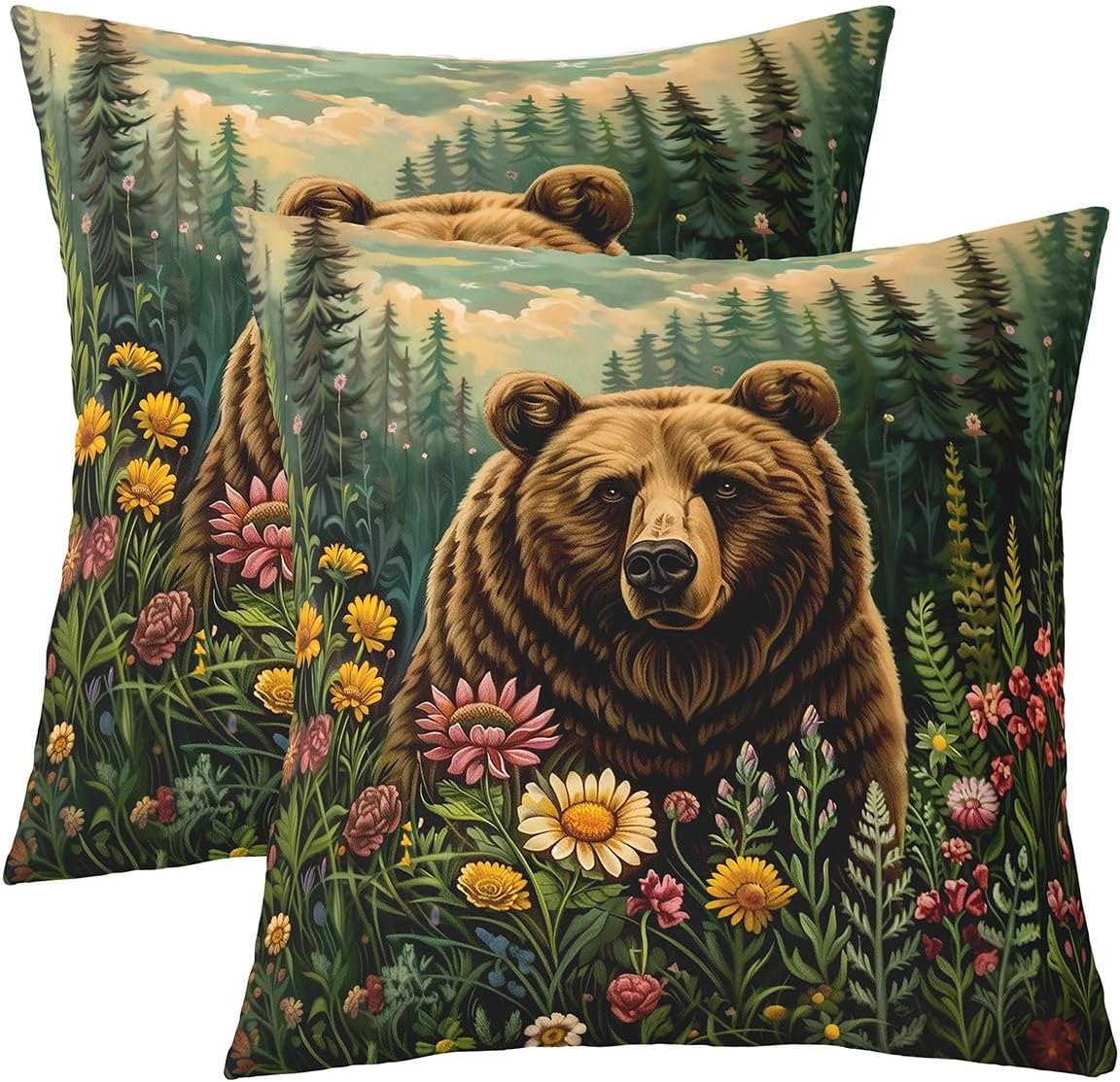 Erosebridal Set of 2 Hunting Bear Pillow Covers Room Decor,Oil Painting Daisy Throw Pillow Covers 24x24 Inch for Sofa Bed Couch,Farmhouse Wildlife Cushion Covers,Cabin Lodge Decorative Pillow Covers