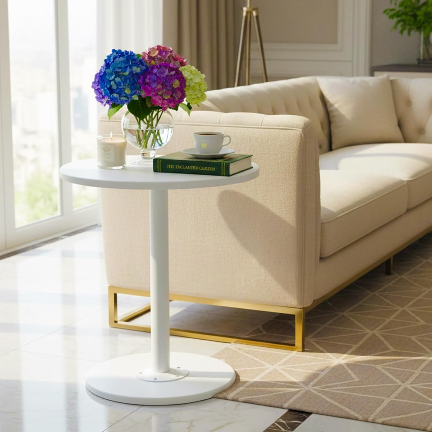 Round Side Table,End Table,Coffee Table,Small Round Side Table with Marble Grain for Living Room,Bedroom Office and Small Spaces,Wood Base,Easy Assembly (White)