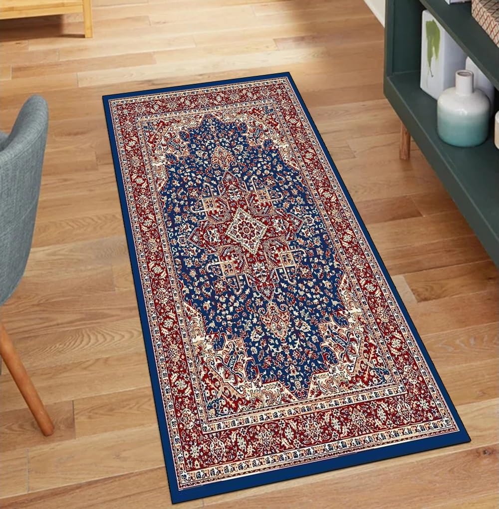 Alfombra de pasillo antideslizante azul lavable estilo vintage