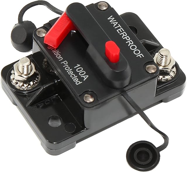 RED WOLF 100A Circuit Breaker Waterproof Car Audio Inline Circuit Breaker w/Manual Reset Fuse Holder Inverter,for Car Motor Marine Boat,for Car Audio Solar Inverter System Protection,DC 12V-48V