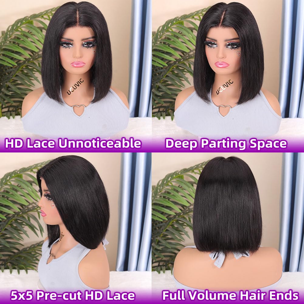 UCUVIC Bob Wig Human Hair 13 x 4 HD Lace Front Wigs for Black Women Human Hair Side Part Frontal Bob Wig, Ailwelia Glueless Short Human Hair Wigs for Black Women Pre Plucked 180% Density 30 cm