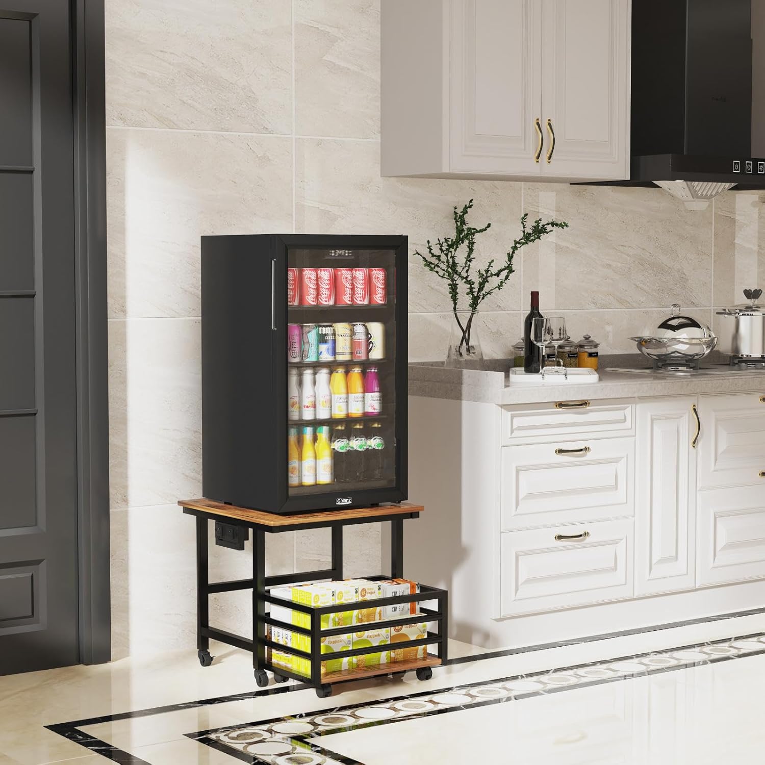 Mini Fridge Stand with Pull-Out Basket, 19.7" x 19.7" Large Tabletop Heavy Duty Stand with Adjustable Feet & Wheels, for Kitchen, Dorm, Office, Rustic Brown and Black