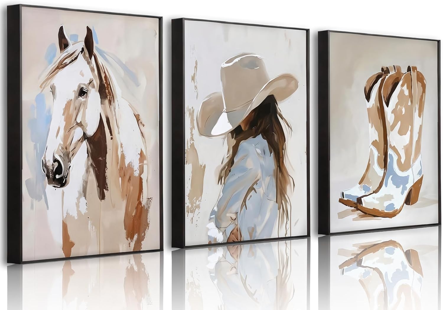 3Pcs Black Framed Cowgirl Canvas Wall Art horse pictures wall decor cowboy boot Wall Decor Pictures western girls bedroom Poster Prints for Room Bedroom Dorm Home Decoration 12x16 in