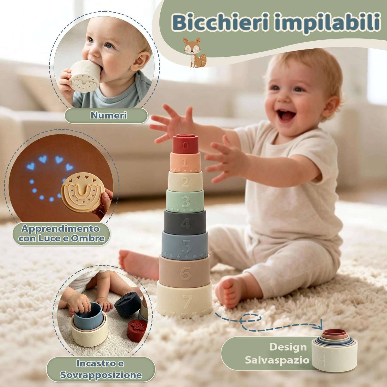 Anook Giochi Neonato 6-9-12 Mesi, 6 in 1 Giochi Montessori 6 Mesi | Giochi Sensoriali per Neonati con Giochi Impilabili ,Scatola di Fazzoletti,Cubi di Forme da Smistare,Regalo Neonato 6-12 Mesi