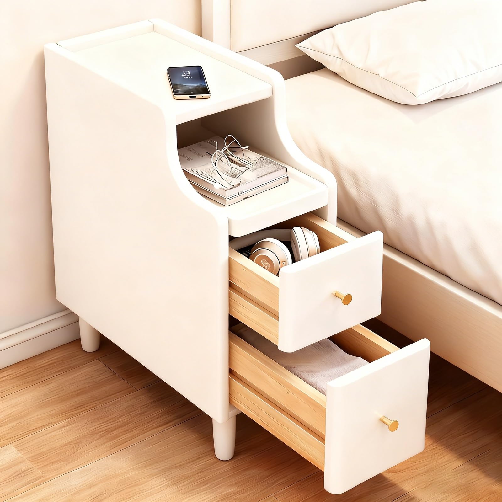 SXZenSpace White Solid Wood Nightstand Narrow Bedside Table with 2 Drawers & Open Sliding Shelf No Assembly Required Compact End for Bedroom Living Room (30x40x50cm/12x16x20in)