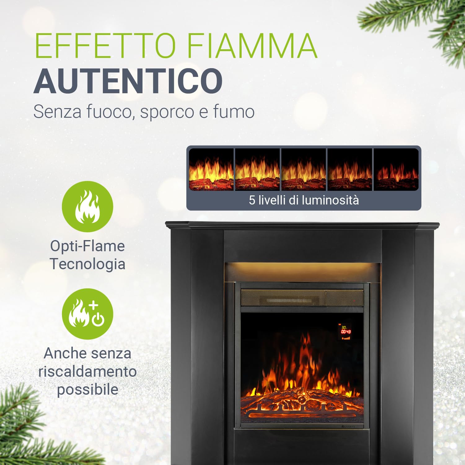 Juskys camino elettrico 1000/2000 W con riscaldamento, fuoco di camino, effetto fiamma, telecomando, illuminazione a LED e timer - Camino elettrico angolare nero