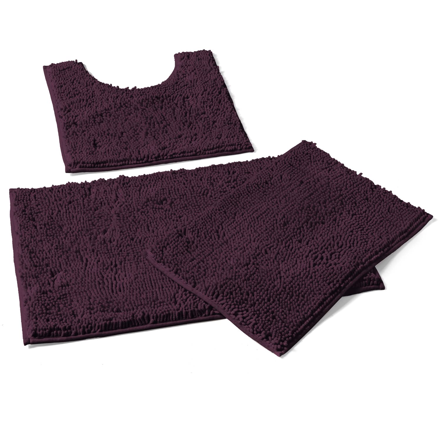 Photo 1 of LuxUrux Bathroom Rugs 3pc Non-Slip Shaggy Chenille Bathroom Mat Set, Includes U-Shaped Contour Toilet Mat, 20 x 30'' and 16 x 24'' Bath Mat, Machine Washable, Plum. 3 Piece Set Plum
