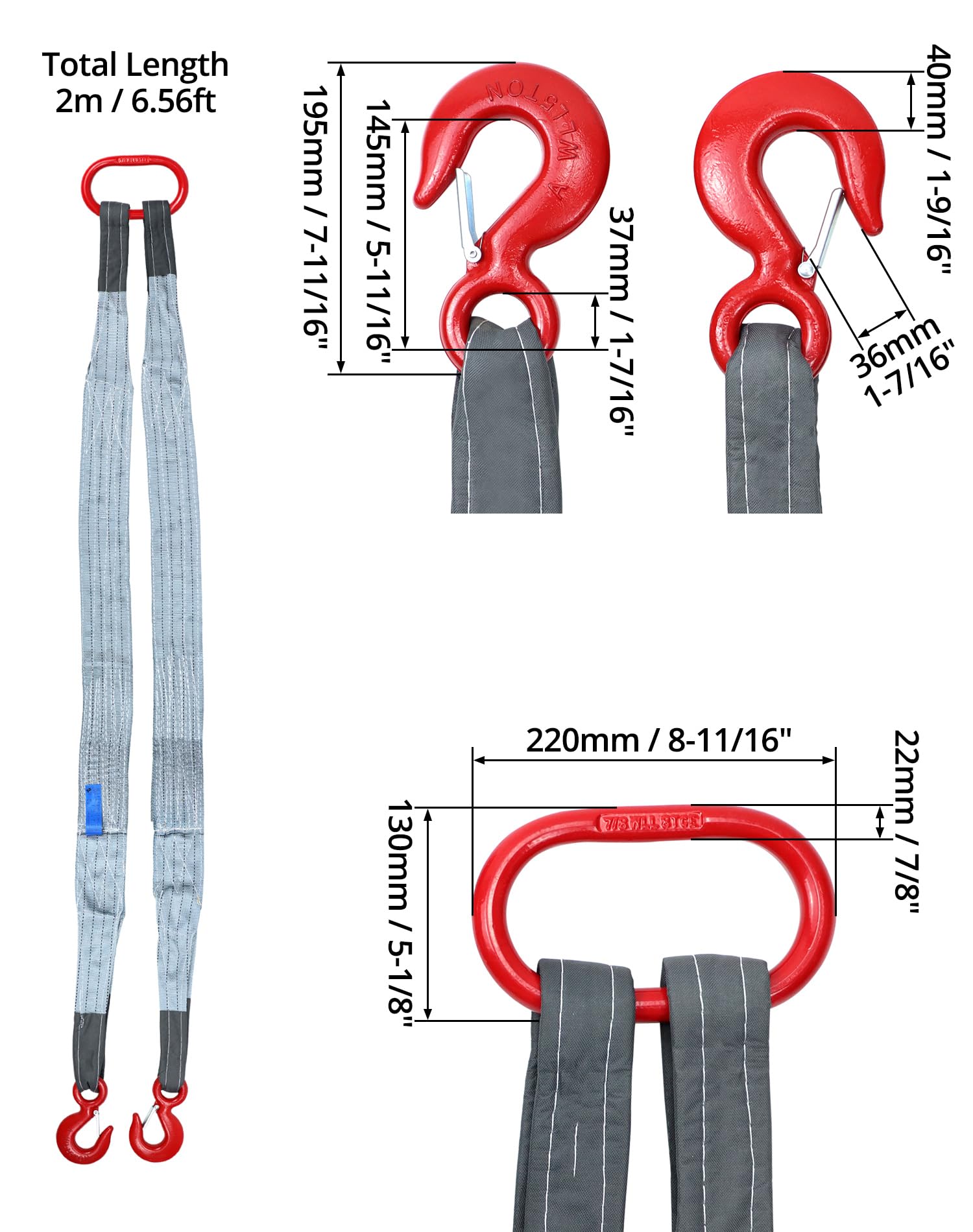 QWORK Imbracatura di Web della briglia a due gambe, imbracatura d'acciaio di capacità di 16000 libbre di 6.56Ft, gancio industriale della benna di 2 gambe