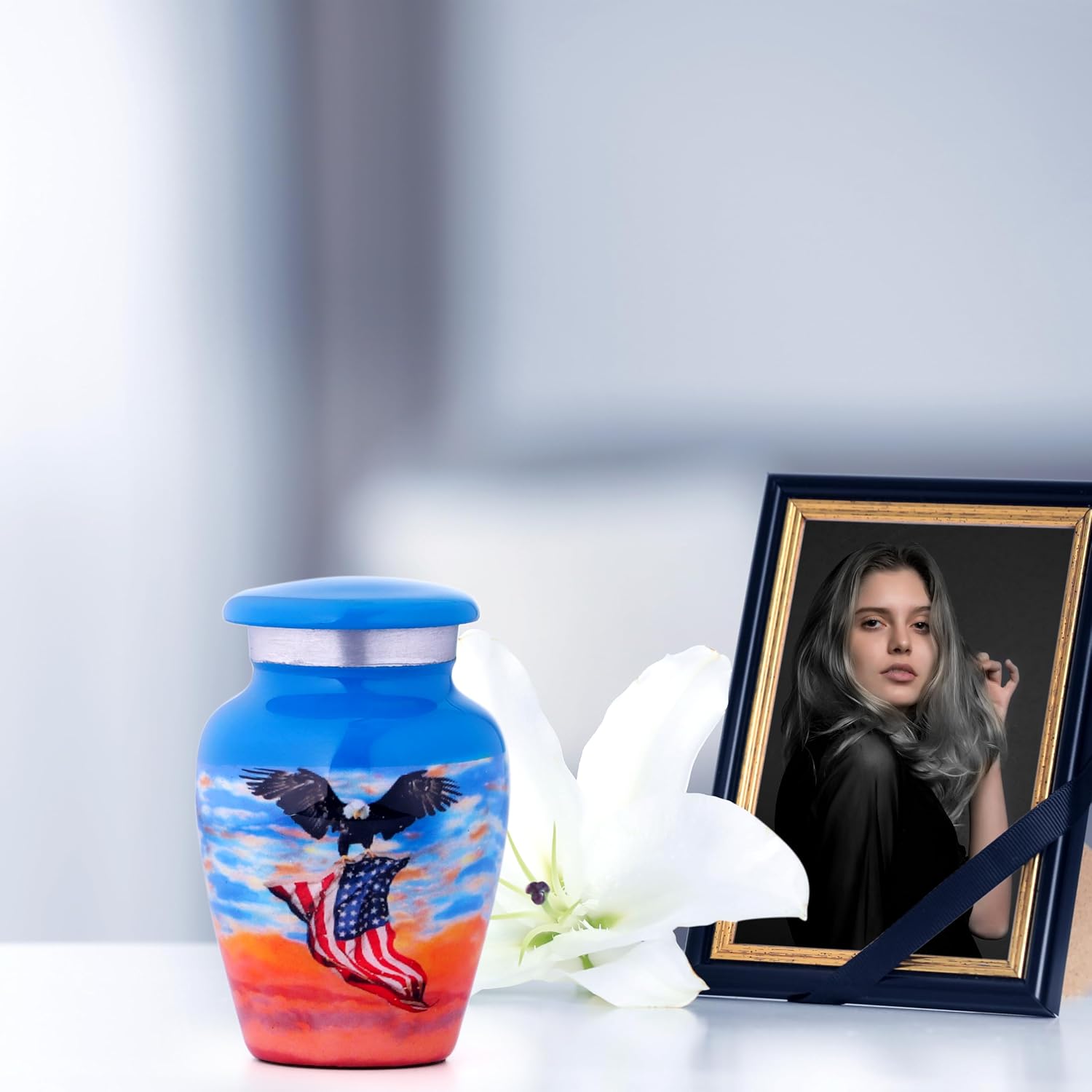 Blue Angel Wings Tiny Patriotic Urns - Mini Angel Wings Urns For Ashes