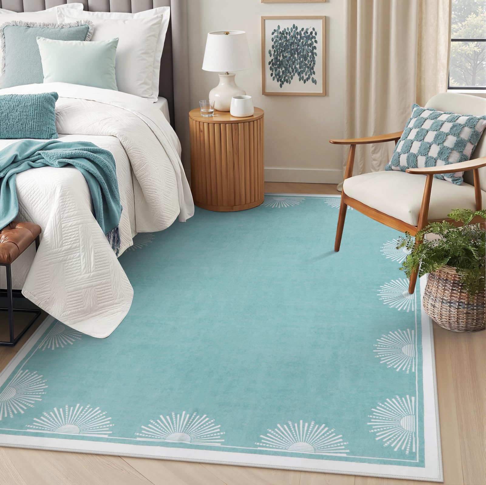 Hedlive Modern Washable Bedroom Rugs 5x7, Low Pile Soft Light Blue Rug for Living Room, Aqua Sun Printed Dining Room Rugs for Under Table Throw