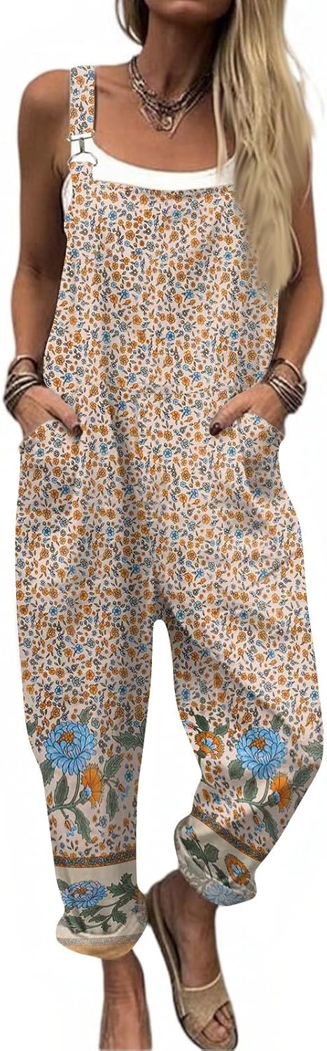 Women's Overalls Adjustable Strap Loose Casual Wide Leg Pants Plaid Print Sleeveless Jumpsuit with Pockets