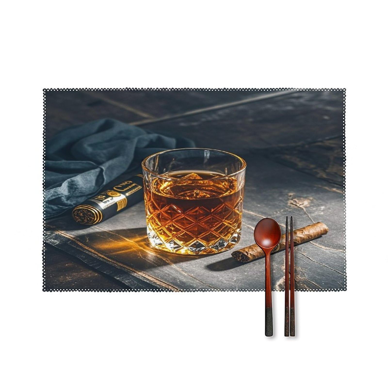 Cigar & Whiskey Placemats Set of 6 Washable Farmhouse Dining Table Mat Non Slip Heat Resistant Non-Slip Place Mats Easy Clean Table Protective Placemats for Indoors & Outdoors