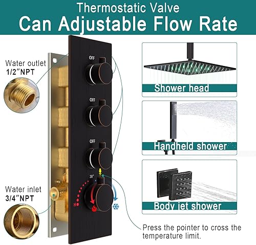 Miniatura 10 de HOMEDEC Sistema de ducha de lujo dorado cepillado de 16 pulgadas con chorros de cuerpo, juego de grifo de ducha con 6 chorros de pulverización de