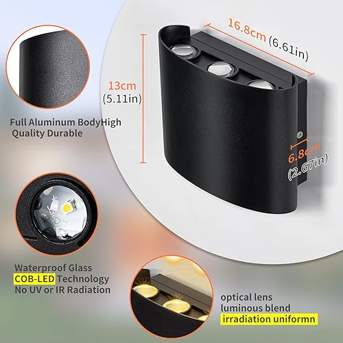 Miniatura 3 de LANFU Lámpara de pared moderna de 6 W para porche al aire libre, IP65 impermeable, luz cálida de 3000 K, aplique de pared negro para patios, jardín,