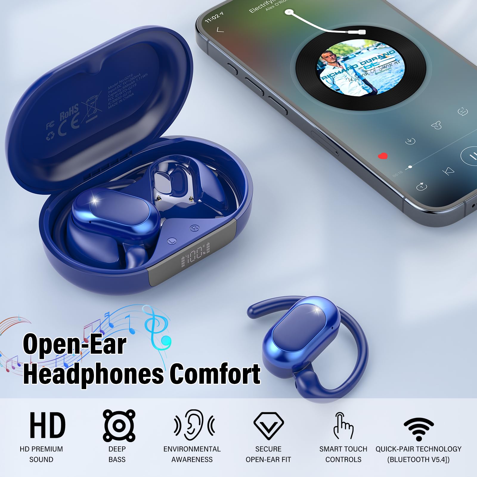 Écouteurs Bluetooth sans Ouverts, 2026 HiFi Écouteurs Bluetooth 5.4 à Conduction Aérienne, Oreillette sans Fil avec 4 ENC Appel Réduction Antibruit Mic, IP7 Étanche Oreillette Bluetooth Android/iOS