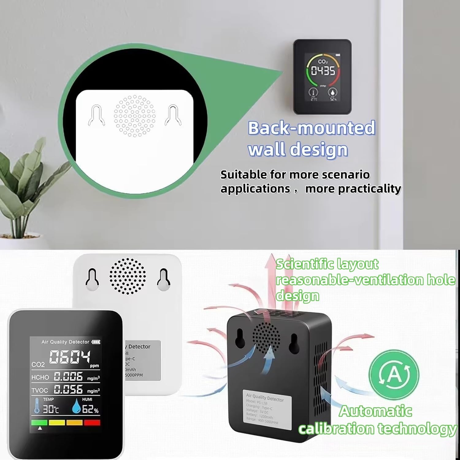 5-in-1 Luftqualitätsmonitor für den Innenbereich, professioneller tragbarer Detektor und genauer CO2-, HCHO-, TVOC-, Feuchtigkeits- und Temperaturanzeige, LED-Display, 2 Sekunden, für Zuhause, Büro